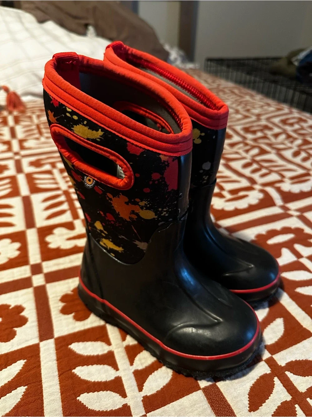 Bogs Kids’ Rain Boots - Black with Red Trim and Colorful Paint Splatter